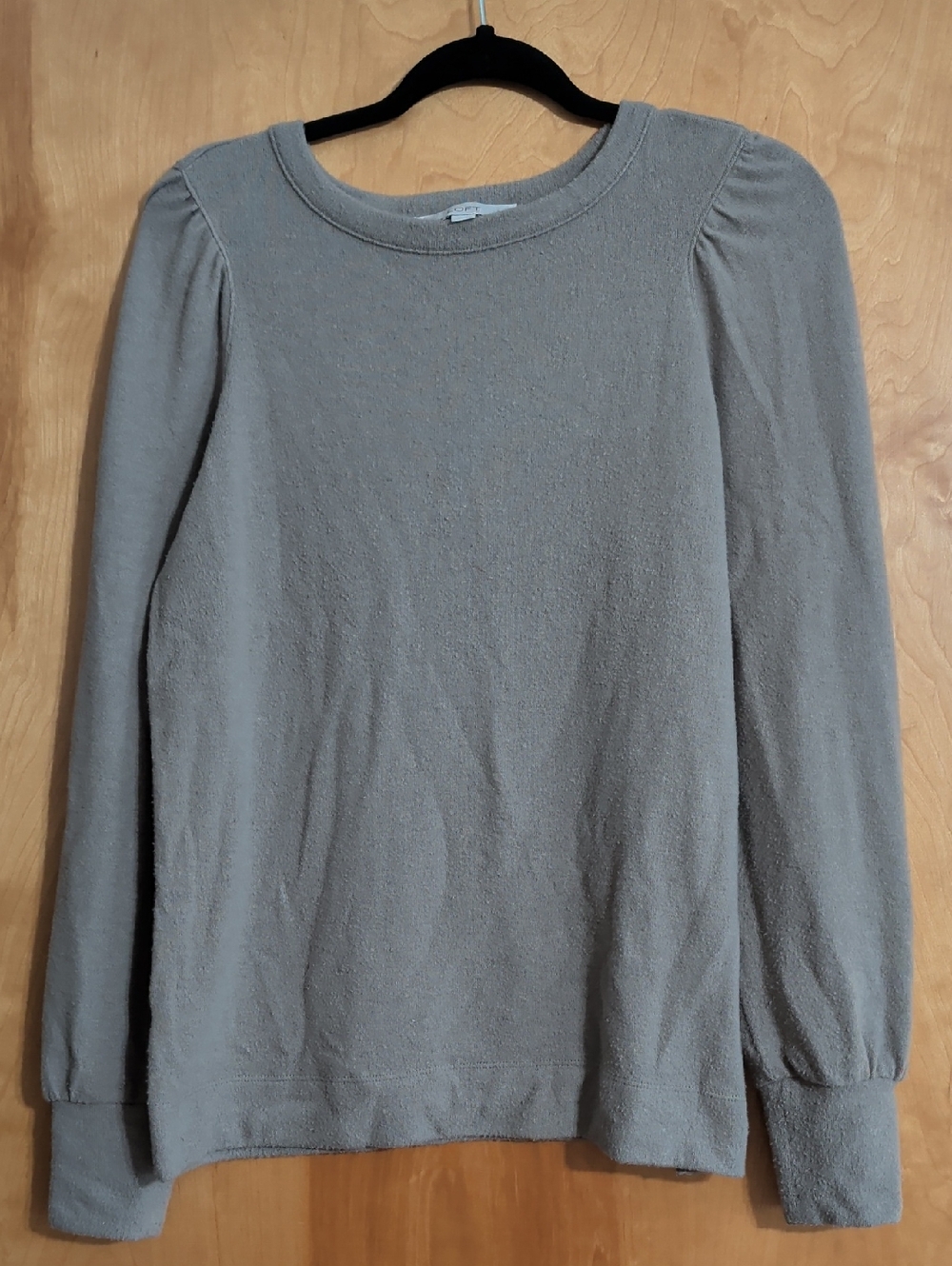 LOFT Taupe Long-Sleeve Crewneck Top with Subtle Puff Shoulders